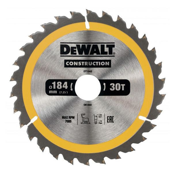 Disc Dewalt DT1942 pentru fierastrau circular, D 184x30x2.6 mm, 30 dinti, pentru utilizare universala, seria Dewalt Construction