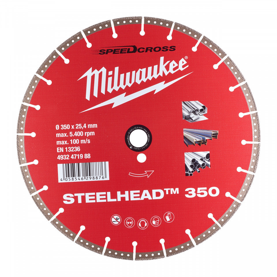 Disc Premium STEELHEAD™ - 350 mm Milwaukee, interior 25.4 mm, pentru beton armat si otel
