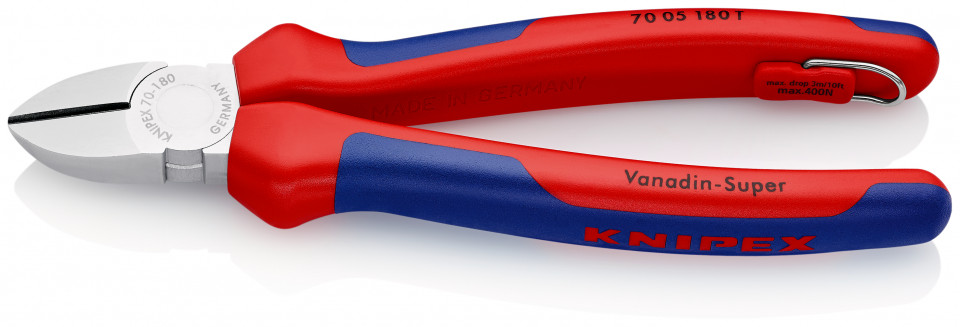 KNIPEX 70 05 180 T Tăietor lateral (șfic) cu manşoane multicomponent, cu cârlig de fixare integrat pentru montarea unei siguranţe împotriva căderii cromat 180 mm