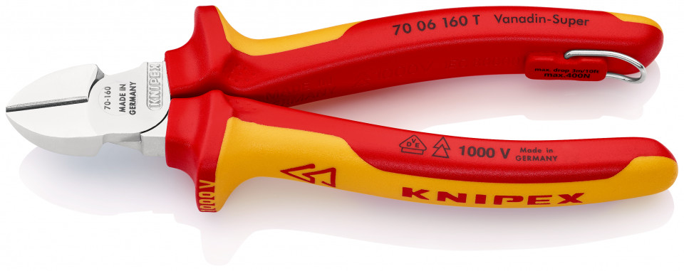 KNIPEX 70 06 160 T Tăietor lateral (șfic) izolat cu manșoane-multicomponent, verificat de VDE, cu cârlig de fixare integrat, izolat, pentru montarea unei siguranțe împotriva căderii cromat 160 mm