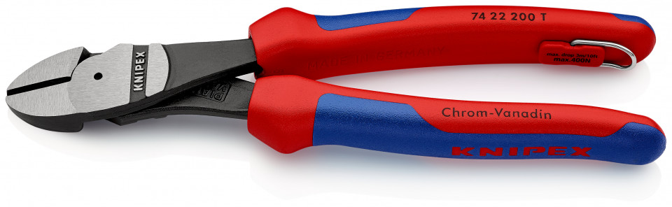 KNIPEX 74 22 200 T Șfic de forță cu manşoane multicomponent, cu cârlig de fixare integrat pentru montarea unei siguranţe împotriva căderii vopsit negru 200 mm