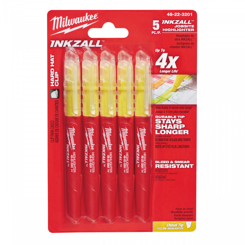 Marker Milwaukee INKZALL galben fosforescent - 5pc, pachet 5 buc