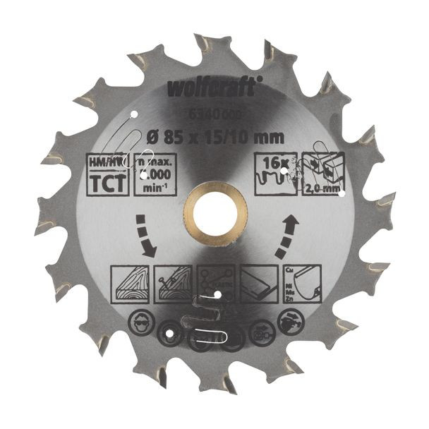 Panza pentru fierastrau circular cu acumulatori Wolfcraft 6340000, diametru 85 mm, diametru interior disc 15, 10 mm, latime taiere 1.5 mm, 16 dinti, seria mov
