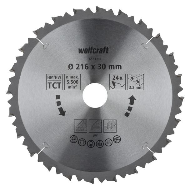 Panza pentru fierastrau circular de masa Wolfcraft 6551000, diametru 216 mm, diametru interior disc 30 mm, latime taiere 3.2 mm, 24 dinti, seria maro.