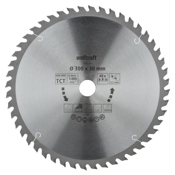 Panza pentru fierastrau circular de masa Wolfcraft 66820000, diametru 300 mm, diametru interior disc 30 mm, latime taiere 3.2 mm, 48 dinti, seria orange.