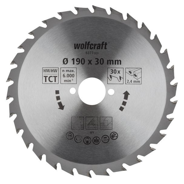 Panza pentru fierastrau circular Wolfcraft 6377000, diametru 190 mm, diametru interior disc 30 mm, latime taiere 2.4 mm, 30 dinti, seria verde.