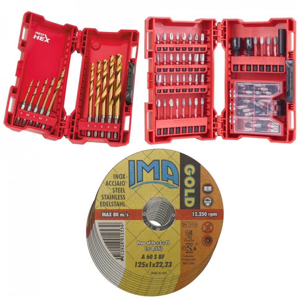 Set 135 piese Milwaukee 10 burghie metal 1-10 mm + set 75 piese insurubare + 50 discuri taiat metal inox
