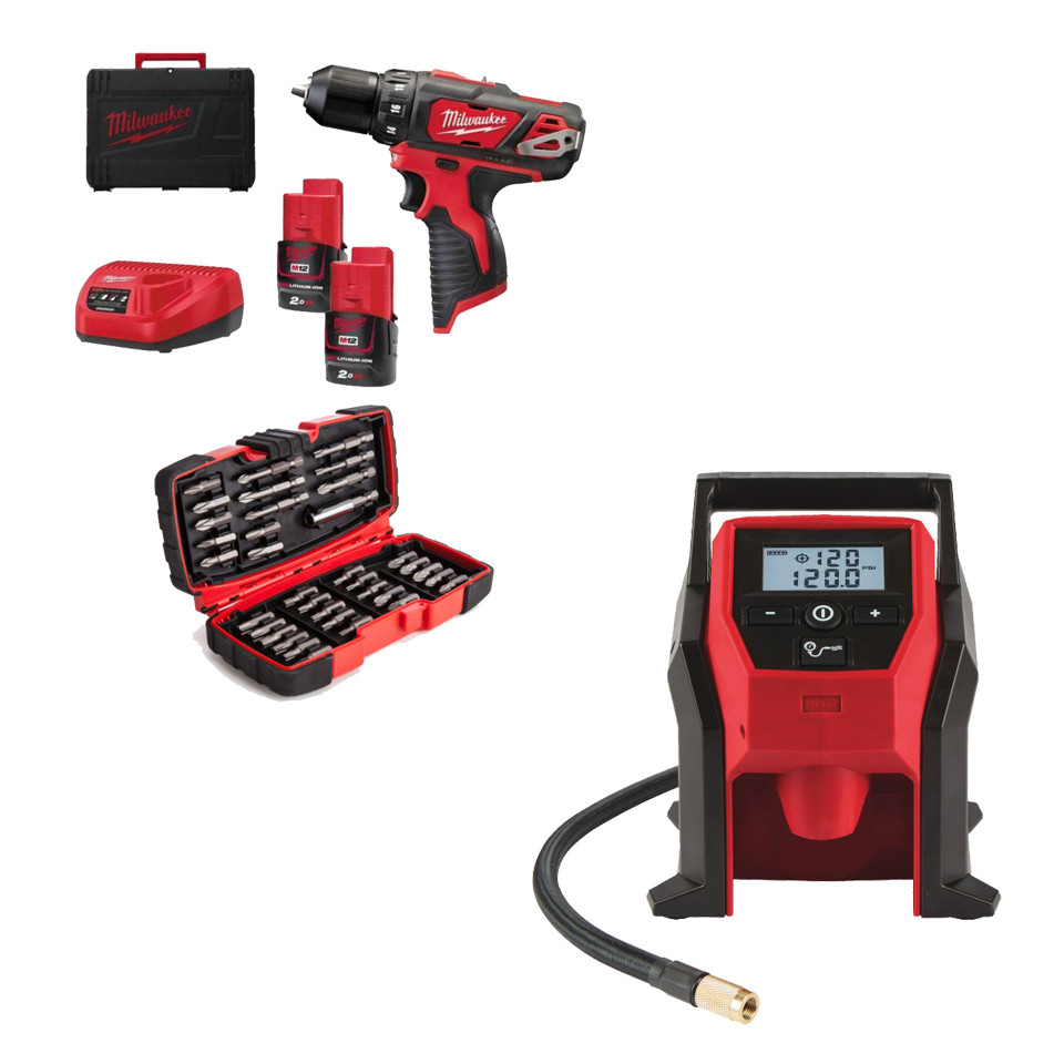 Set masina de gaurit M12 BDD + compresor M12 BI + 2 baterii + incarcator + accesorii