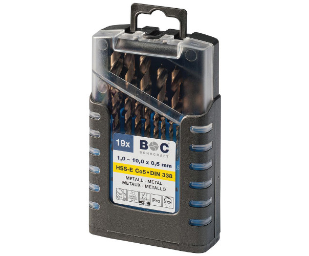 Trusa burghie DIN 338, HSS-E Co 5%, rectificate, 1,0-10,0 mm x 0,5 mm / 19 piese