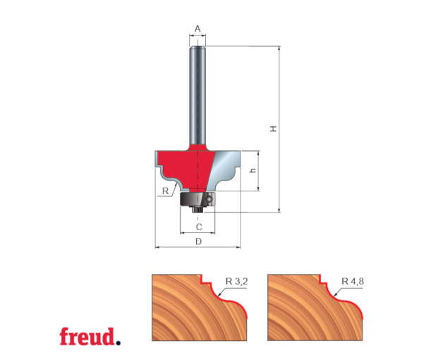 38- Freza profilata concav convex, cu rulment copier inferior, placata CMS, Z=2, cu coada, D 31.8 - 38-40208P