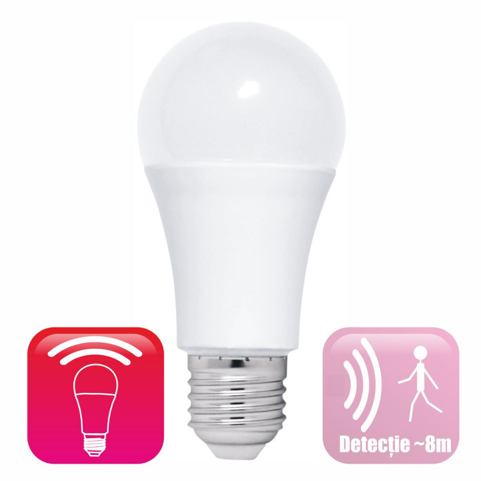 Bec LED cu senzor miscare microunde model glob A60 12W=100W 6400k lumina rece