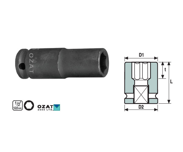 Cap cheie tubulara impact cu profil de protectie OZAT 1/2" 6 laturi, lunga 18mm L78mm