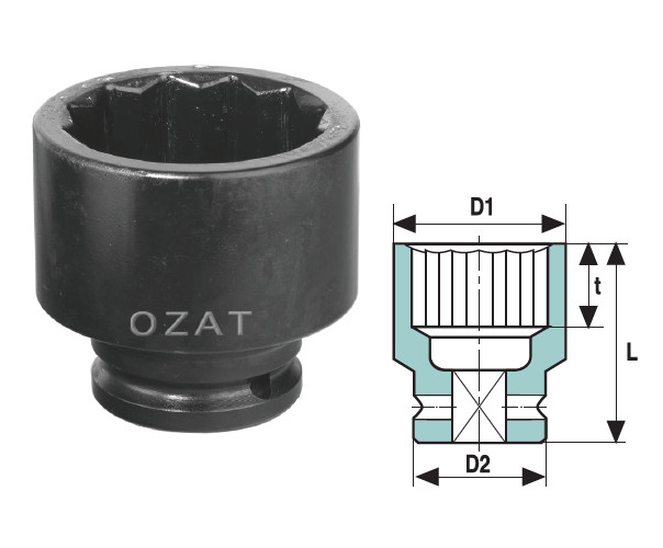 Cap cheie tubulara impact OZAT 1/2" 12 laturi, scurta 13/16" L38mm