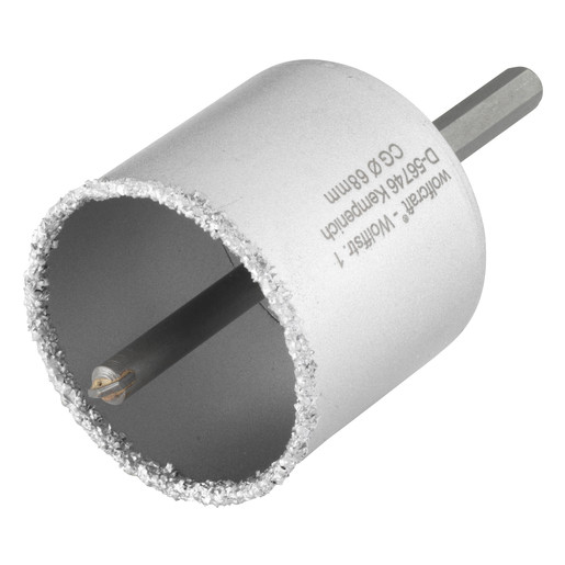 Carota diamantata cu acoperire tungsten Wolfcraft 8913000, diametru D 68 mm, adancime de taiere 55 mm, cu ax hexagonal si burghiu de centrare HM, D 8 mm