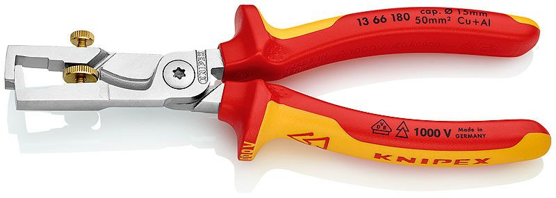 Cleste pentru dezizolat cu foarfece de taiat cabluri, izolat la 1000 V, KNIPEX, 180 mm