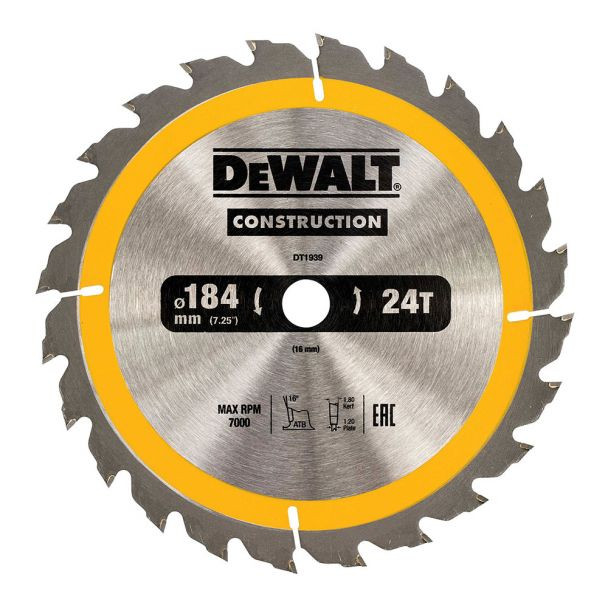 Disc Dewalt DT1939 pentru fierastrau circular, D 184 x 16 x 1.8 mm, 24 dinti, seria Dewalt Construction