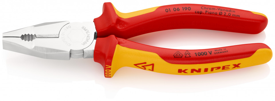 KNIPEX 01 06 190 Patent combinat crom - vanadiu izolate, cu manere multicomponent, testate VDE cromat 190 mm