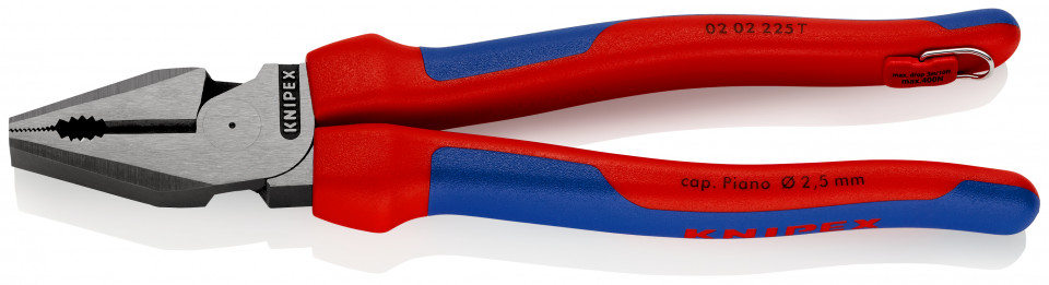 KNIPEX 02 02 225 T Patenti Combi cu parghie mare cu manşoane multicomponent, cu cârlig de fixare integrat pentru montarea unei siguranţe împotriva căderii vopsit negru 225 mm