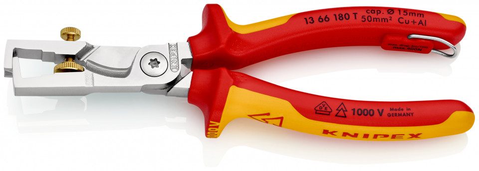 KNIPEX 13 66 180 T StriX® Clește de îndepărtare a izolației cu foarfece de tăiat cabluri izolat cu manșoane-multicomponent, verificat de VDE, cu cârlig de fixare integrat, izolat, pentru montarea unei siguranțe împotriva căderii cromat 180 mm