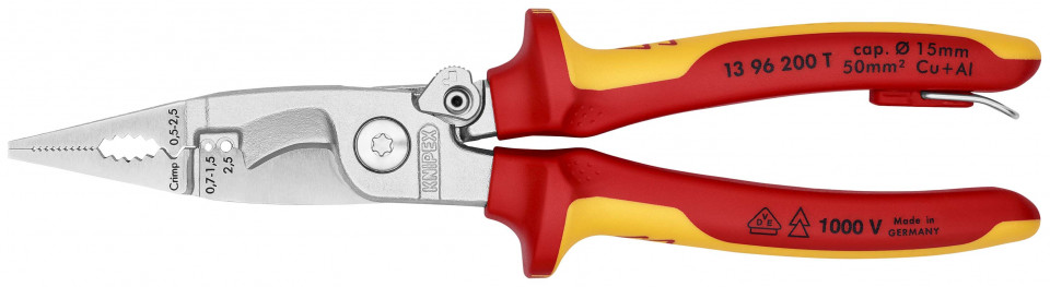 KNIPEX 13 96 200 T Cleşte pentru instalaţii pentru electricieni izolat cu manșoane-multicomponent, verificat de VDE, cu cârlig de fixare integrat, izolat, pentru montarea unei siguranțe împotriva căderii cromat 200 mm