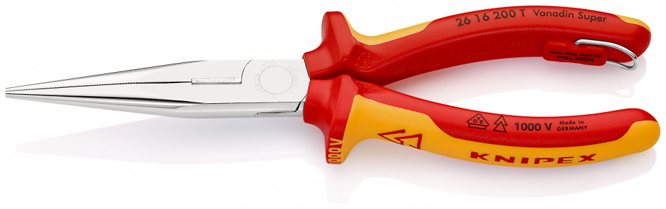 KNIPEX 26 16 200 T Clește plat-rotund cu tăiș (patent cu cioc angular) izolat cu manșoane-multicomponent, verificat de VDE, cu cârlig de fixare integrat, izolat, pentru montarea unei siguranțe împotriva căderii cromat 200 mm