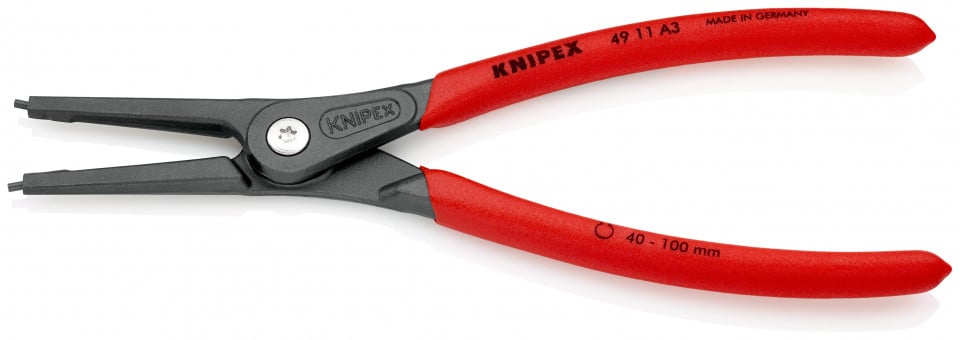 KNIPEX 49 11 A3 clește de precizie pentru inele de siguranță pentru inele exterioare pe axuri acoperit cu material plastic aderent bonderizat în culoarea gri 225 mm