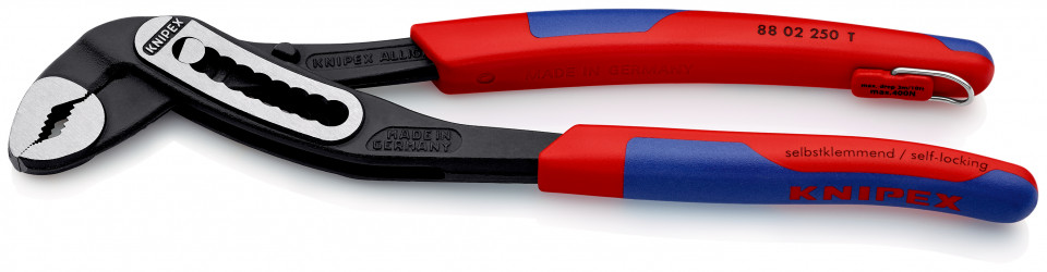 KNIPEX 88 02 250 T Alligator® Cleşte pentru pompe de apă cu manşoane suple, multicomponent, cu cârlig de fixare integrat pentru montarea unei siguranţe împotriva căderii vopsit negru 250 mm