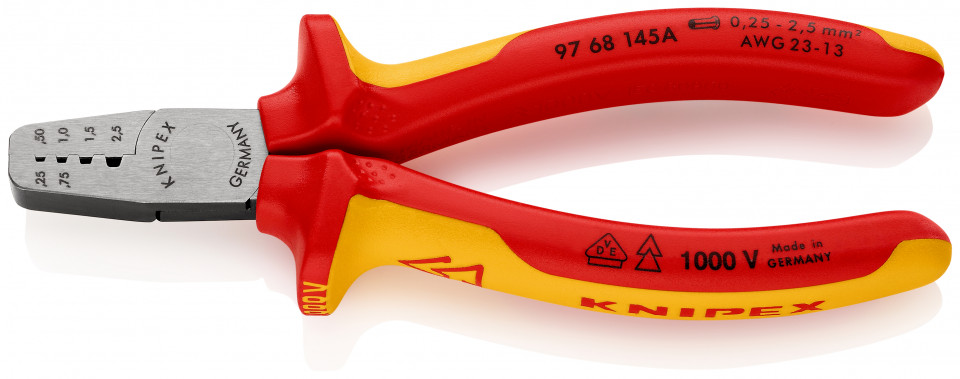 KNIPEX 97 68 145 A clește de sertizare pentru ferule izolate, cu manere multicomponent, testate VDE 145 mm