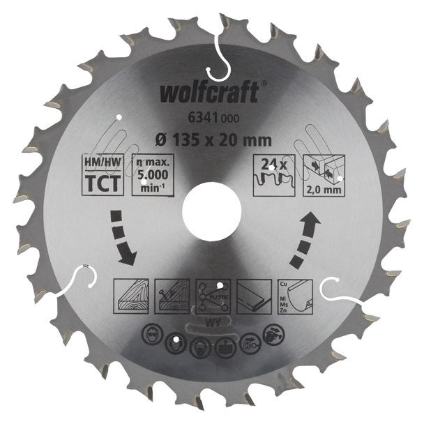Panza pentru fierastrau circular cu acumulatori Wolfcraft 6341000, diametru 135 mm, diametru interior disc 20 mm, latime taiere 1.8 mm, 24 dinti, seria mov
