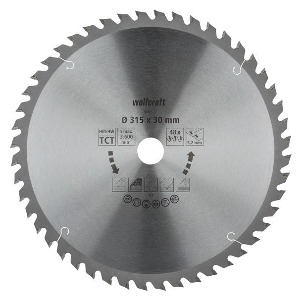 Panza pentru fierastrau circular de masa Wolfcraft 6684000, diametru 315 mm, diametru interior disc 30 mm, latime taiere 3.2 mm, 48 dinti, seria orange.