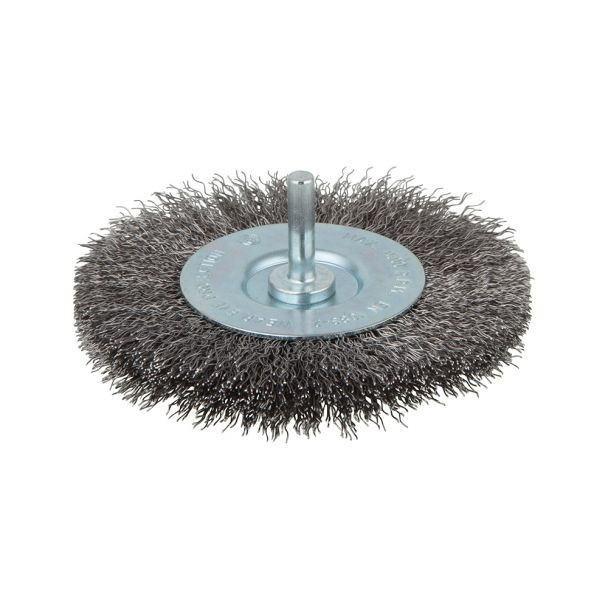 Perie tip disc cu fir ondulat Wolfcraft 8471000, D 100 mm, tija cilindrica D 6 mm, grosimea sarmei 7 mm