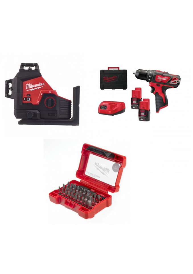 Set nivela laser 3 planuri cu acumulatori M12 3PL + masina de gaurit cu acumulatori M12 BDD + accesorii
