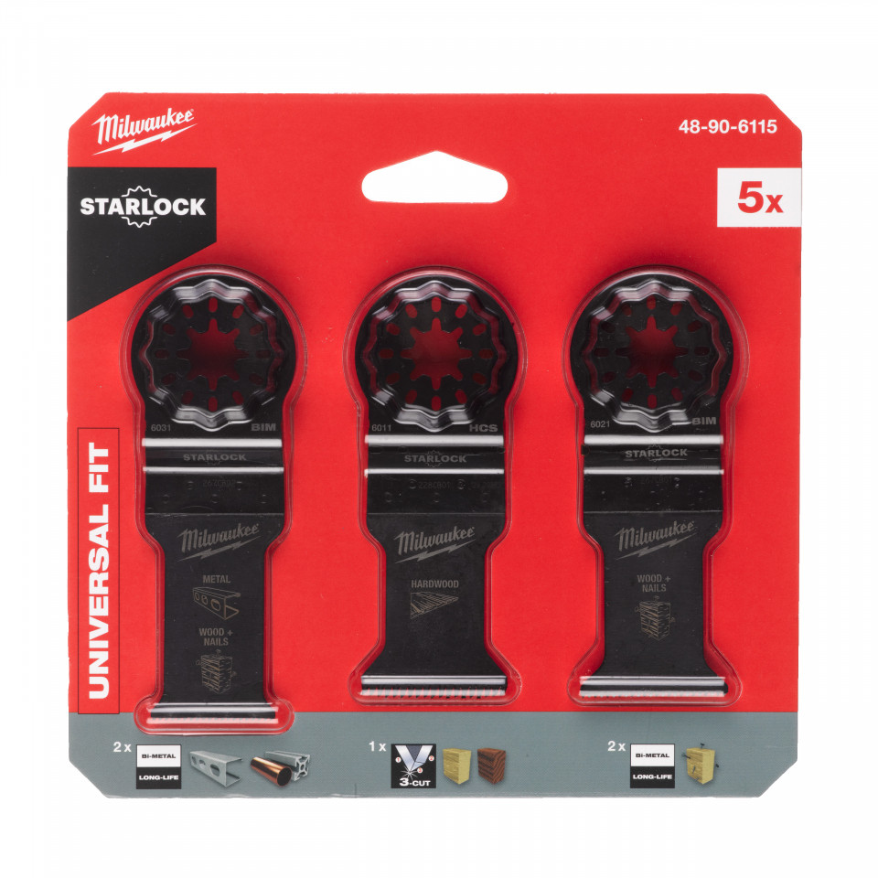 Set pânze pentru lemn și metal (5 buc) [ 1 x 48906011: pânză pentru lemn cu intrare directă 3C 35 x 42 mm, 2 x 48906021: pânză pentru lemn cu cuie BiMetal 35 x 42 mm, 2 x 48906031: pânză multimaterial BiMetal 28 x 47 mm ]