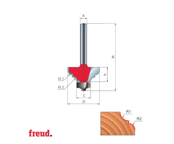 38- Freza profilata concav convex, cu tesire intre ele, cu rulment copier inferior, placata CMS, Z=2, cu coada, D 28.6 - 38-6020