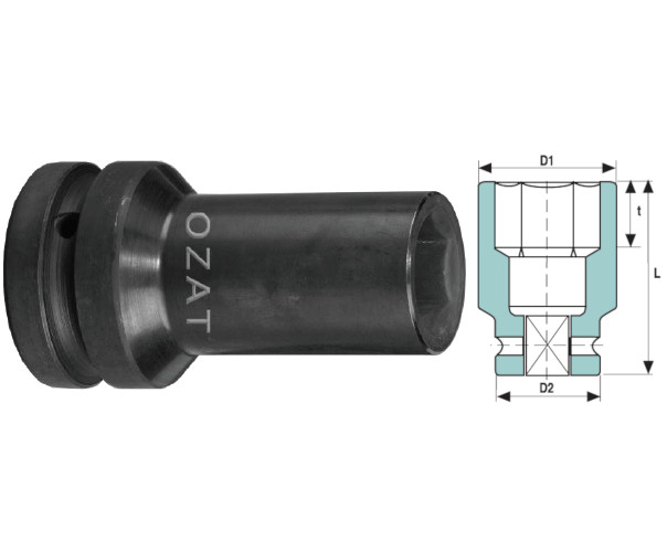 Cap cheie tubulara de impact cu pereti subtiri OZAT 3/4" 6 laturi, lung 1 3/16" L90mm