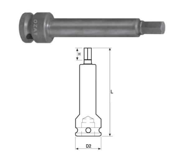 Cap cheie tubulara de impact OZAT 1" cu profil hexagon exterior, o piesa, lung 1/2" L150mm