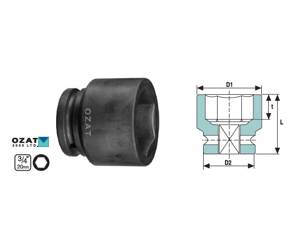 Cap cheie tubulara de impact OZAT 3/4" 6 laturi, scurt 13/16" L46mm