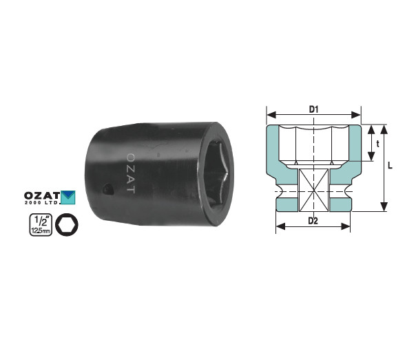 Cap cheie tubulara impact cu perete gros OZAT 1/2", 6 laturi 17mm L45mm
