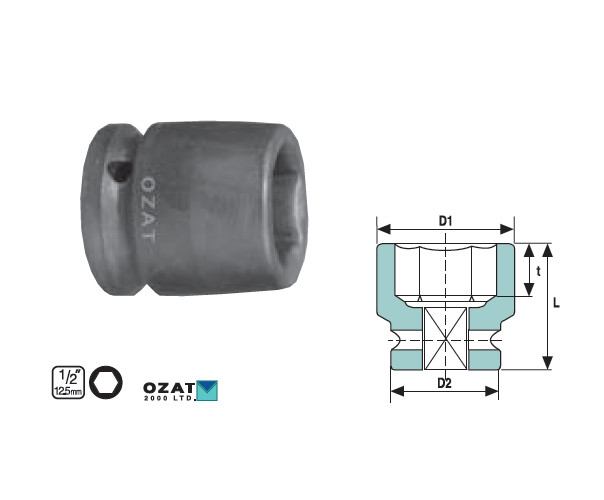 Cap cheie tubulara impact OZAT 1/2" 6 laturi, scurta 3/8" L38mm