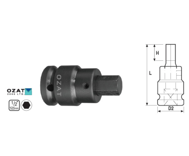 Cap cheie tubulara impact OZAT 1/2", profil hexagon exterior 1/4" L54mm