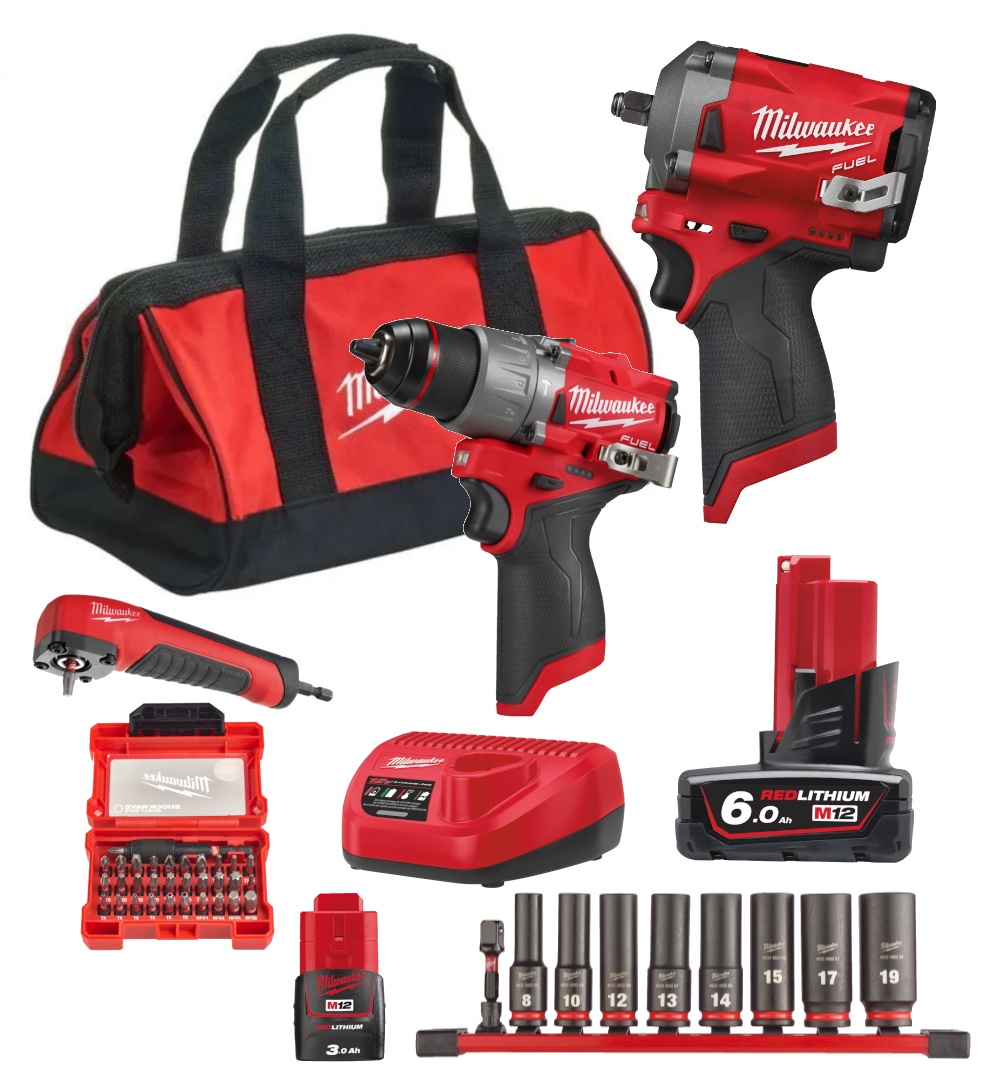 Kit cheie de impact patrat 3/8", cuplu 339 Nm + masina de gaurit si insurubat M12 Fuel Milwaukee, 2 baterii, incarcator, geanta + accesorii
