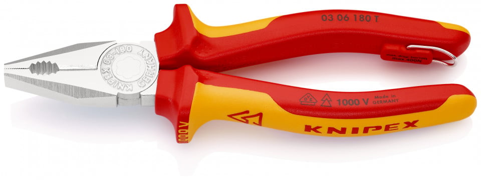 KNIPEX 03 06 180 T Patent combinat izolat cu manșoane-multicomponent, verificat de VDE, cu cârlig de fixare integrat, izolat, pentru montarea unei siguranțe împotriva căderii cromat 180 mm