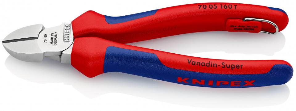KNIPEX 70 05 160 T Tăietor lateral (șfic) cu manşoane multicomponent, cu cârlig de fixare integrat pentru montarea unei siguranţe împotriva căderii cromat 160 mm