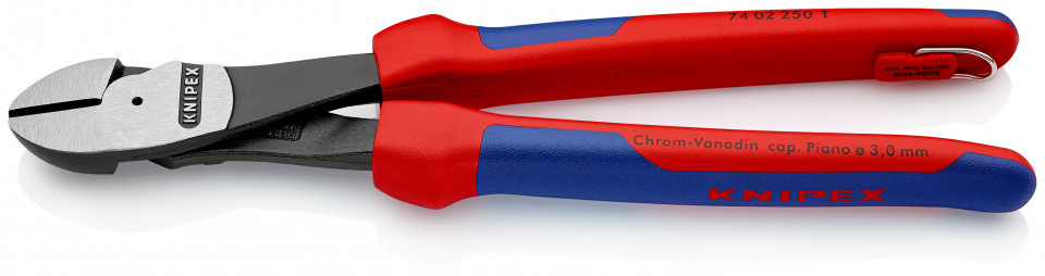 KNIPEX 74 02 250 T Șfic de forță cu manşoane multicomponent, cu cârlig de fixare integrat pentru montarea unei siguranţe împotriva căderii vopsit negru 250 mm
