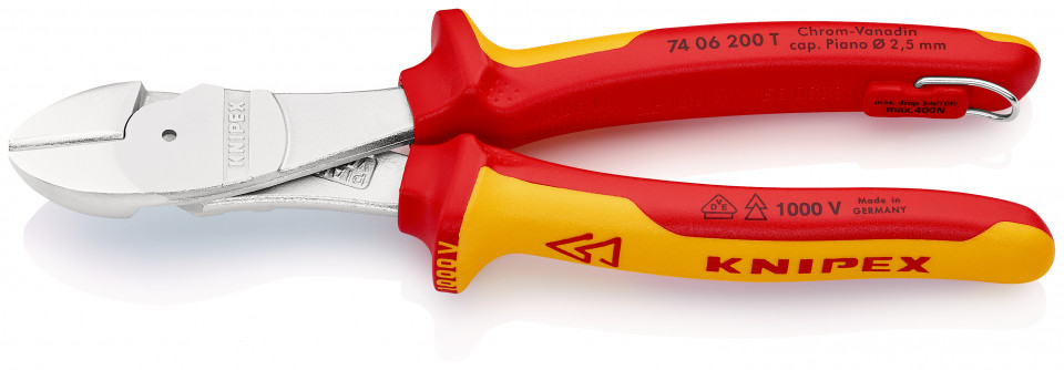 KNIPEX 74 06 200 T Șfic de forță izolat cu manșoane-multicomponent, verificat de VDE, cu cârlig de fixare integrat, izolat, pentru montarea unei siguranțe împotriva căderii cromat 200 mm