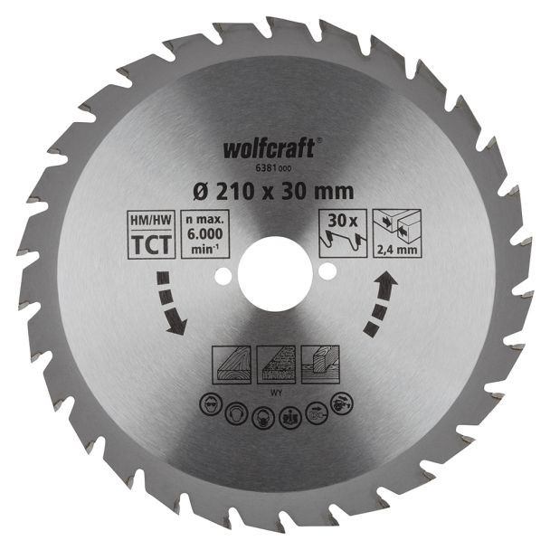 Panza pentru fierastrau circular Wolfcraft 6381000, diametru 210 mm, diametru interior disc 30 mm, latime taiere 2.4 mm, 30 dinti, seria verde.
