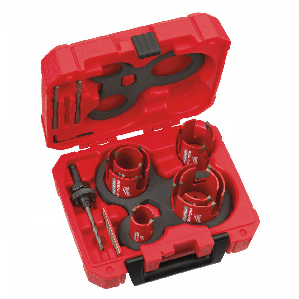 Set 10 carote Milwaukee Big Hawg - multimaterial [ 6 x carote ⌀ 35, 44, 51, 57, 68, 76 mm. 1 x tijă prindere cu burghiu de centrare. 2 x burghie de centrare 1 x pilă diamantată. Cheie imbus ]