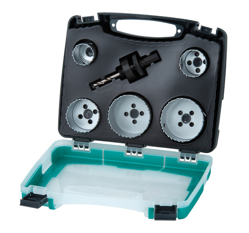 Set 6 piese pentru instalatii sanitare Wolfcraft 5422000, 5 carote bimetal diametru D 25, 35, 43, 54, 83 mm, 1 adaptor pentru carote bimetal cu burghiu de centrare