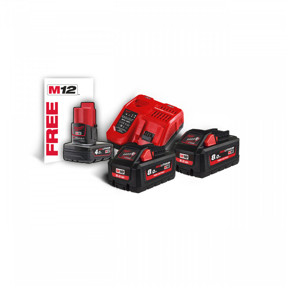 Set acumulatori M18™ High Output™ M18 HNRG-802 ( KIT: 2 x M18 HB8 Acumulator, M12-18 FC Încarcător, Fără cutie)