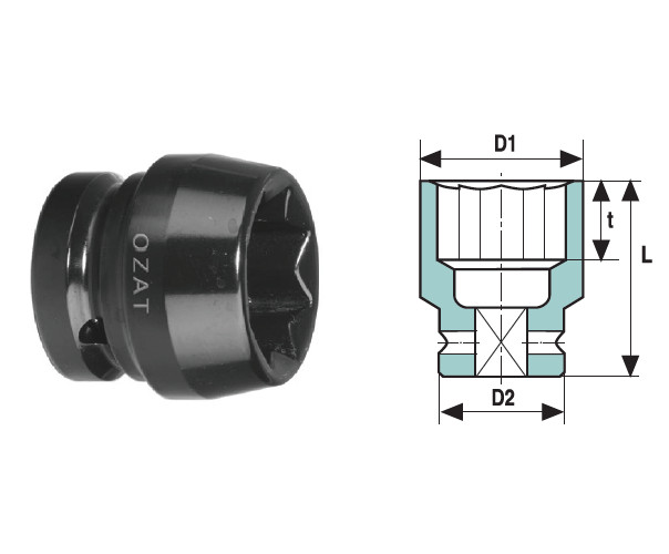 Cap cheie tubulara de impact OZAT 3/4" 8 laturi, scurt 1 1/4" L53mm